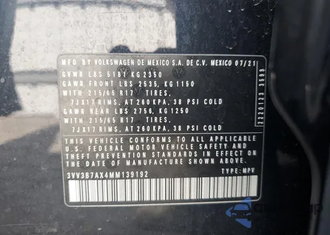 2021 Volkswagen Tiguan Se from USA, damaged, VIN 3VV3B7AX4MM139192